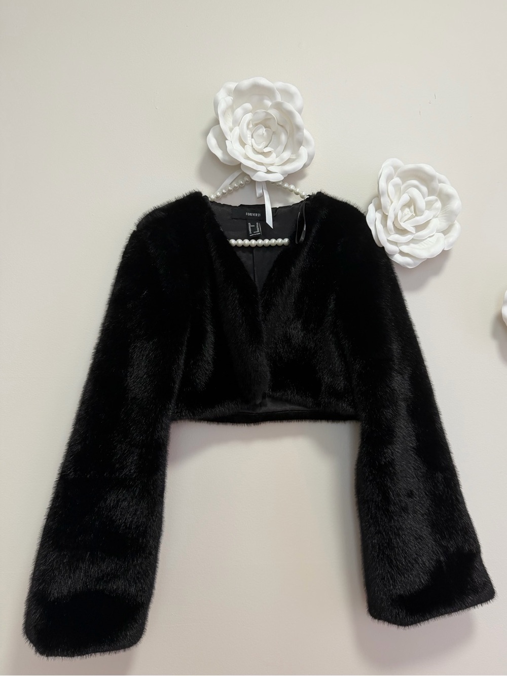Forever 21 Black Faux Fur Cropped Cape Jacket
